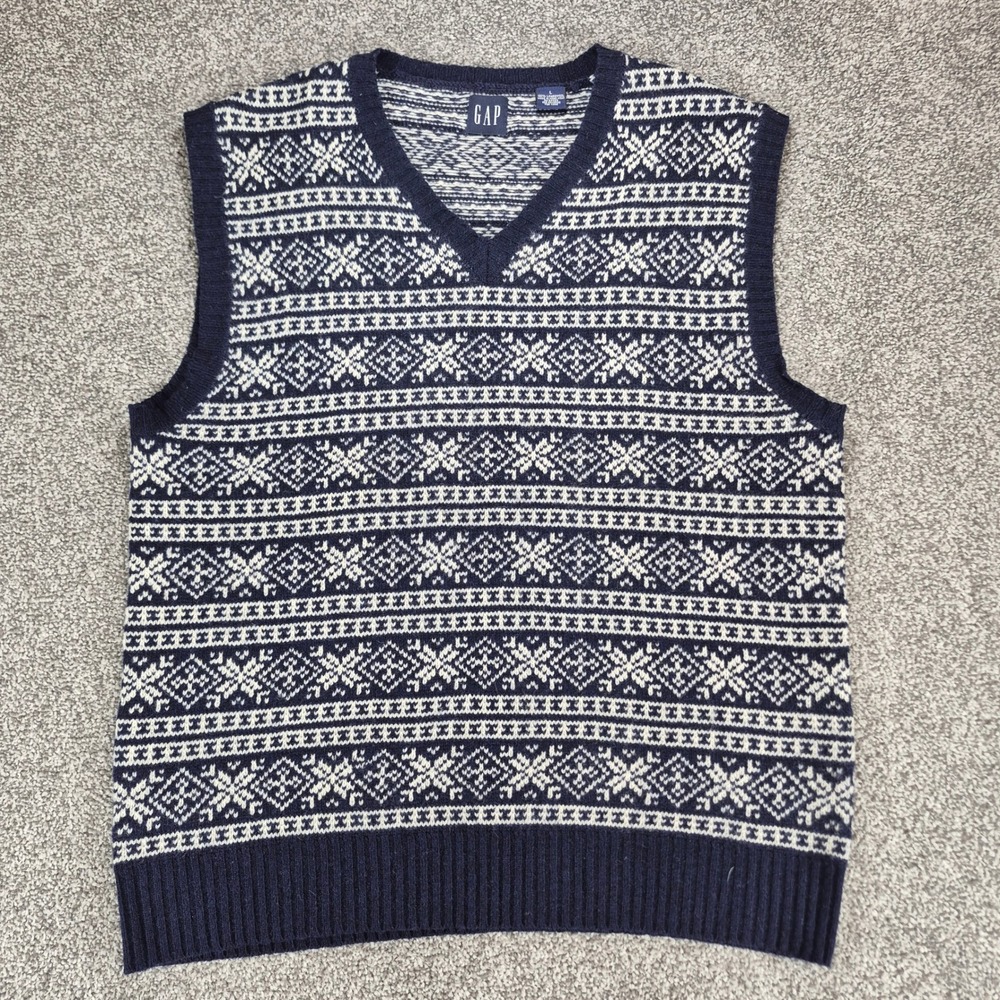 Gap Fair Isle Sweater Vest Mens Large Navy Blue 100% Lambswool